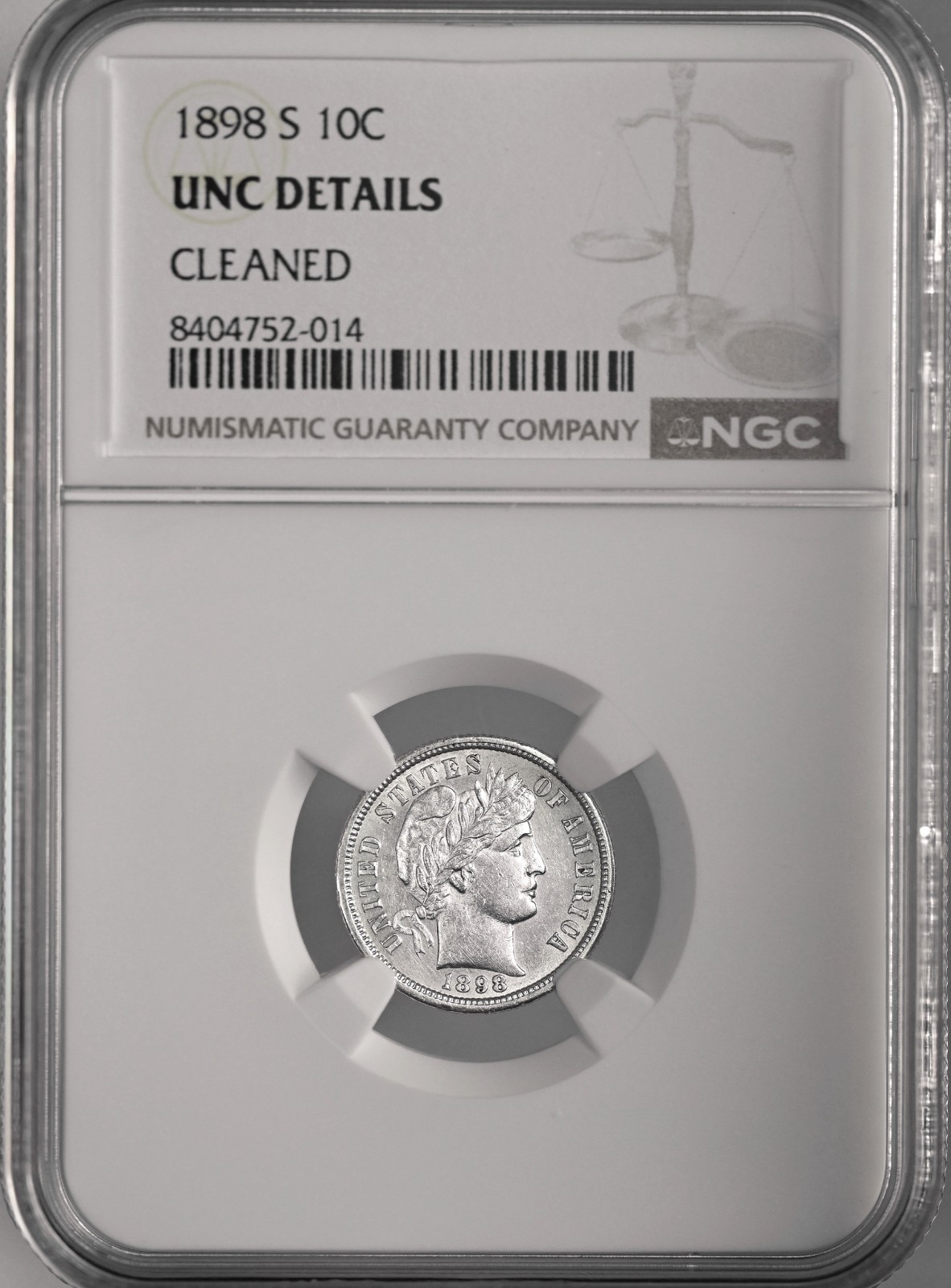 1898-S 10C BARBER SILVER DIME SAN FRANCISCO NGC UNC DETAILS CLEANED #8404752-014