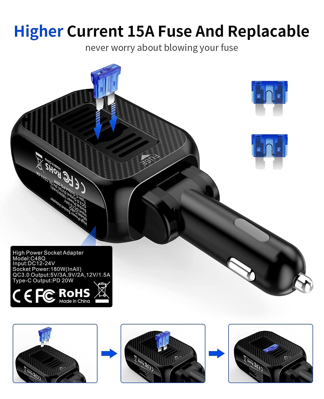 SUPERONE 180W Cigarette Lighter Splitter with 20W PD, 2-Socket black