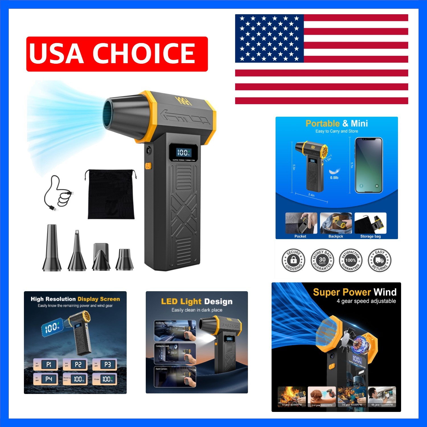 Portable Electric Air Duster with Led Light, Powerful 120000RPM 4 Speed Adjus...