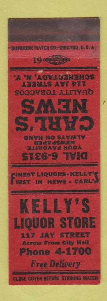 Matchbook Cover - Kelly's Liquor Store Carl's News Stand Schenectady NY