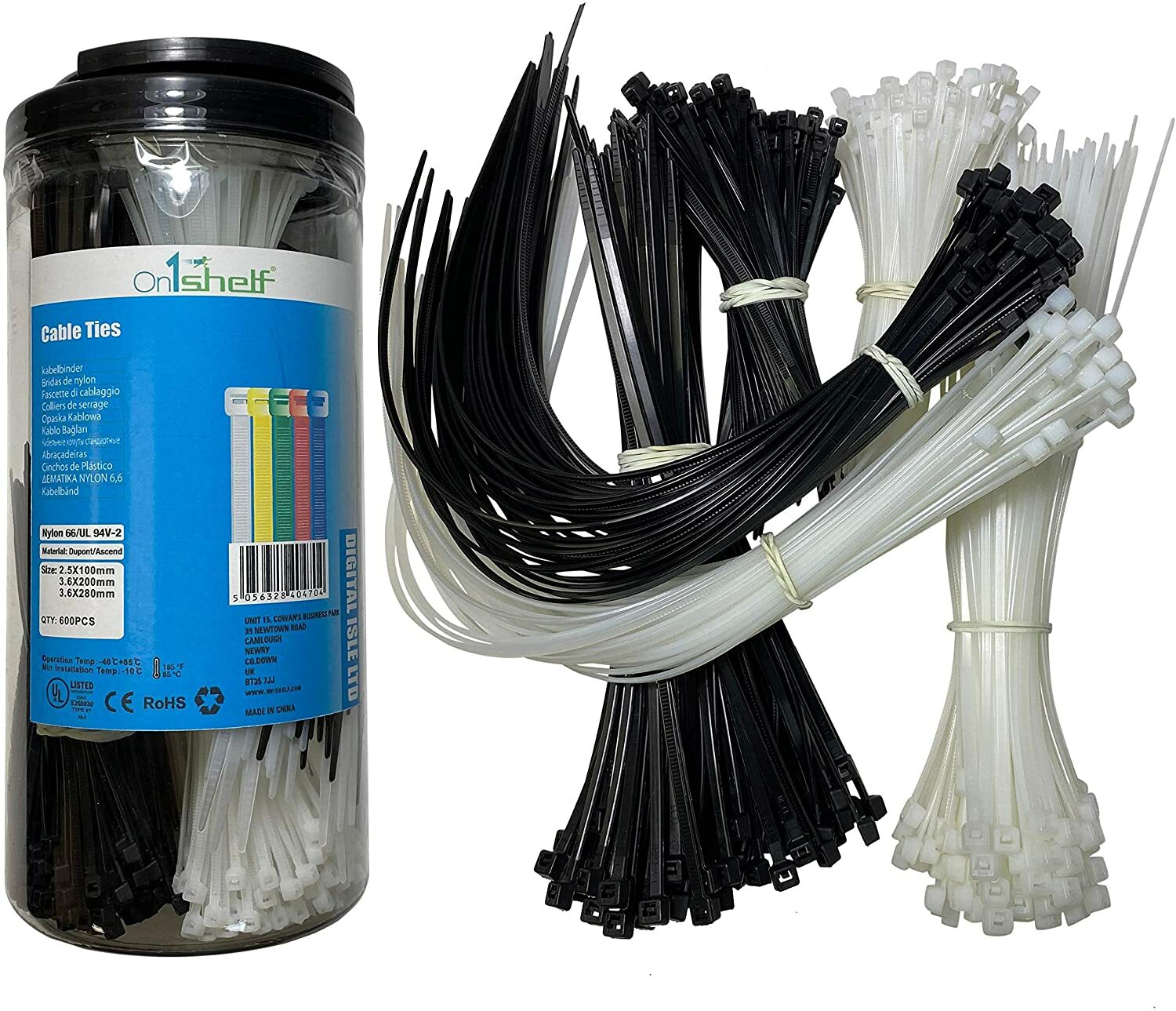 Coloured Assorted Cable Ties Nylon Black and White Tie Wraps 600 Pieces