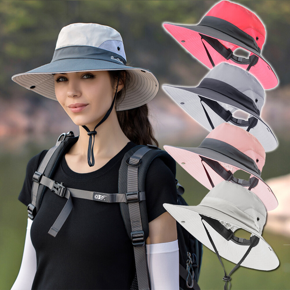 Women Ponytail Hats Summer Bucket Sun Wide Brim UV Protection Cap Travel Beach