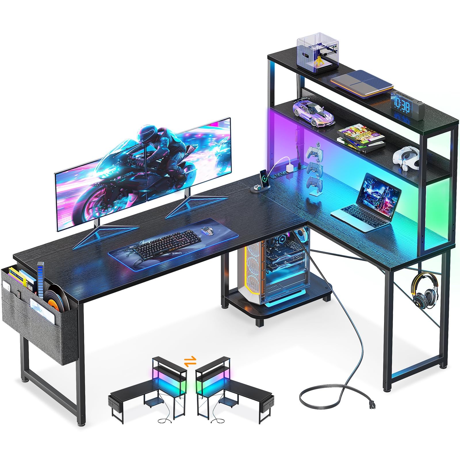 L Shaped Gaming Desk with Hutch & Power Outlet & LED Lights