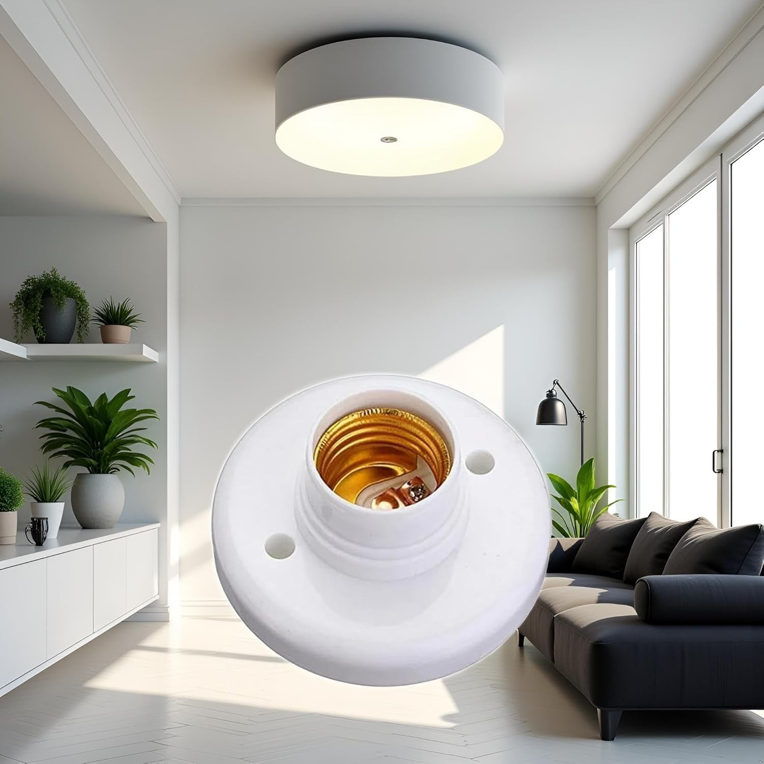 White E27 Round Plastic Screw Light Bulb Lamp Socket Holder, Light Sockets, W...