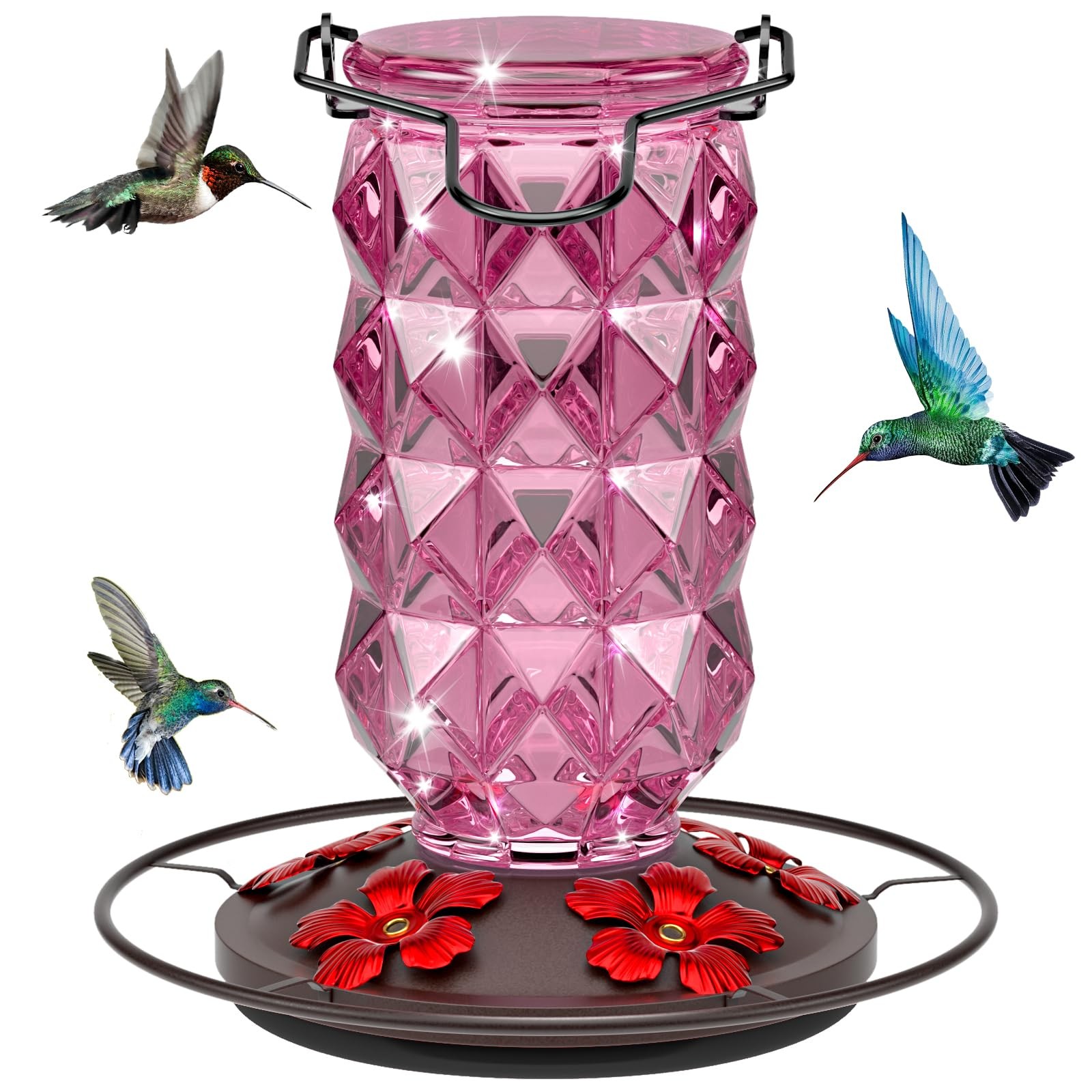 Glass Hummingbird Feeders for Outdoors, 25 Ounces Wild Diamond Sparkling Pink