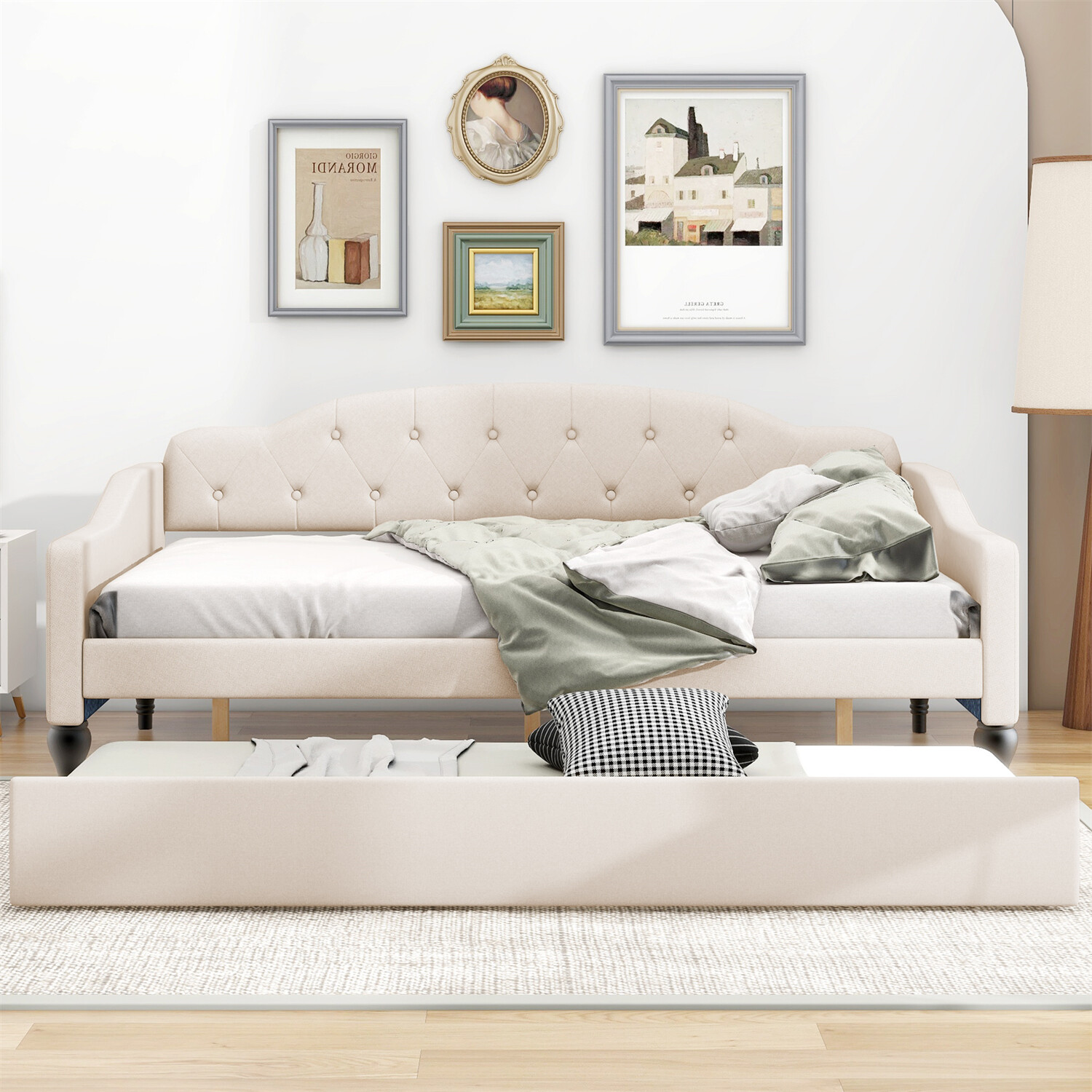 Full Size Daybed with Pull Out Trundle Bed Upholstered Bed Frame Sofa Bed Beige