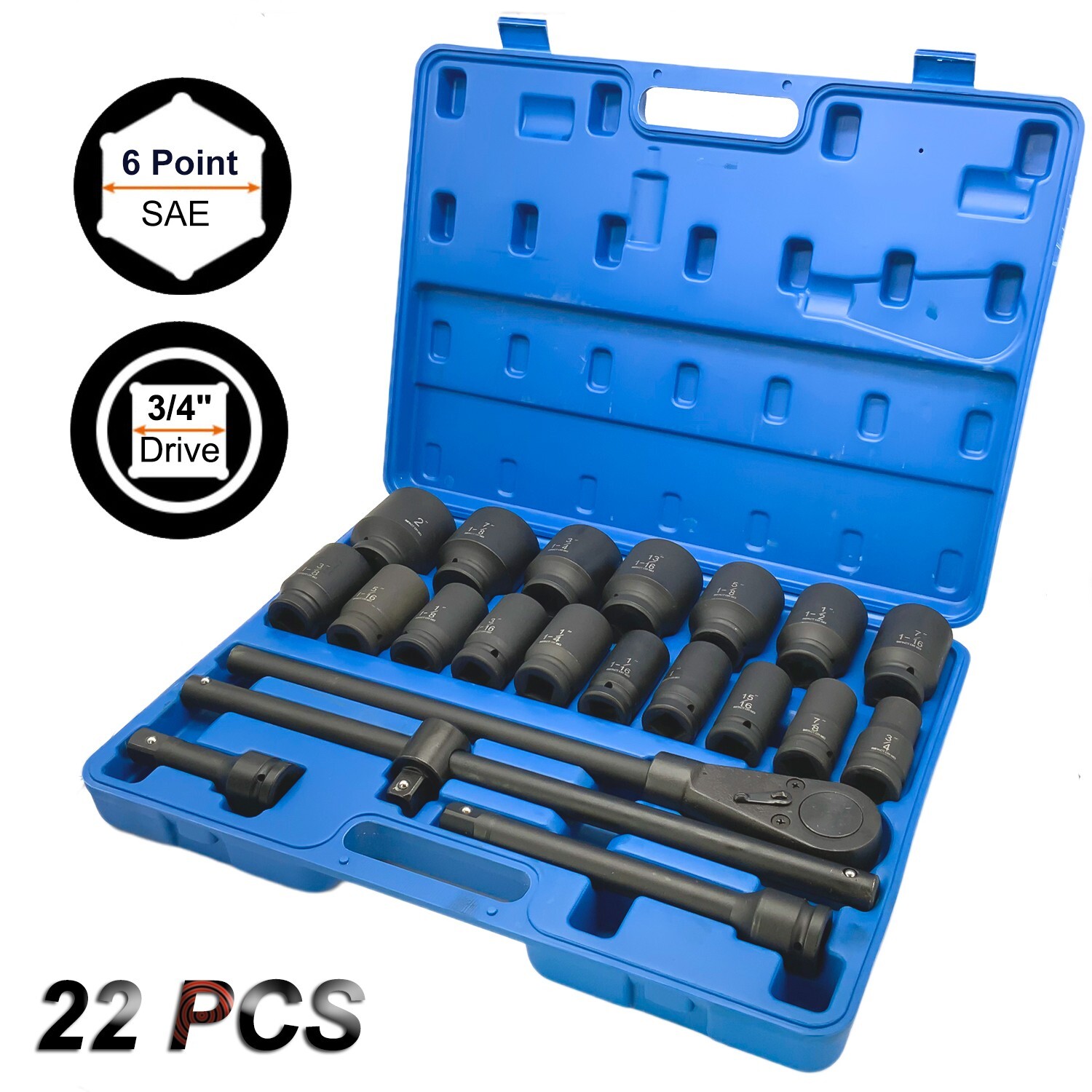 22Pcs Impact Socket Set 3/4" Drive Deep SAE Cr-Mo Extension Bar Sliding T-Bar