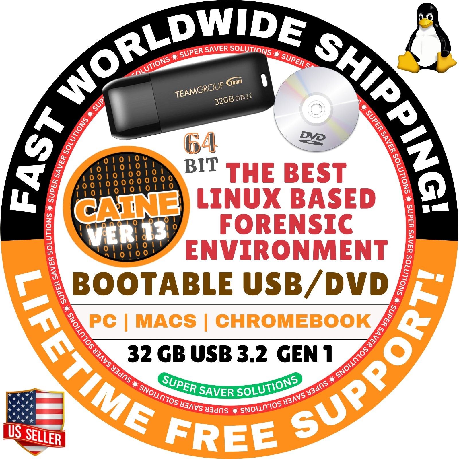 CAINE 13 Warp Forensic Environment Linux OS | 64Bit | Live Boot USB/DVD | MAC/PC