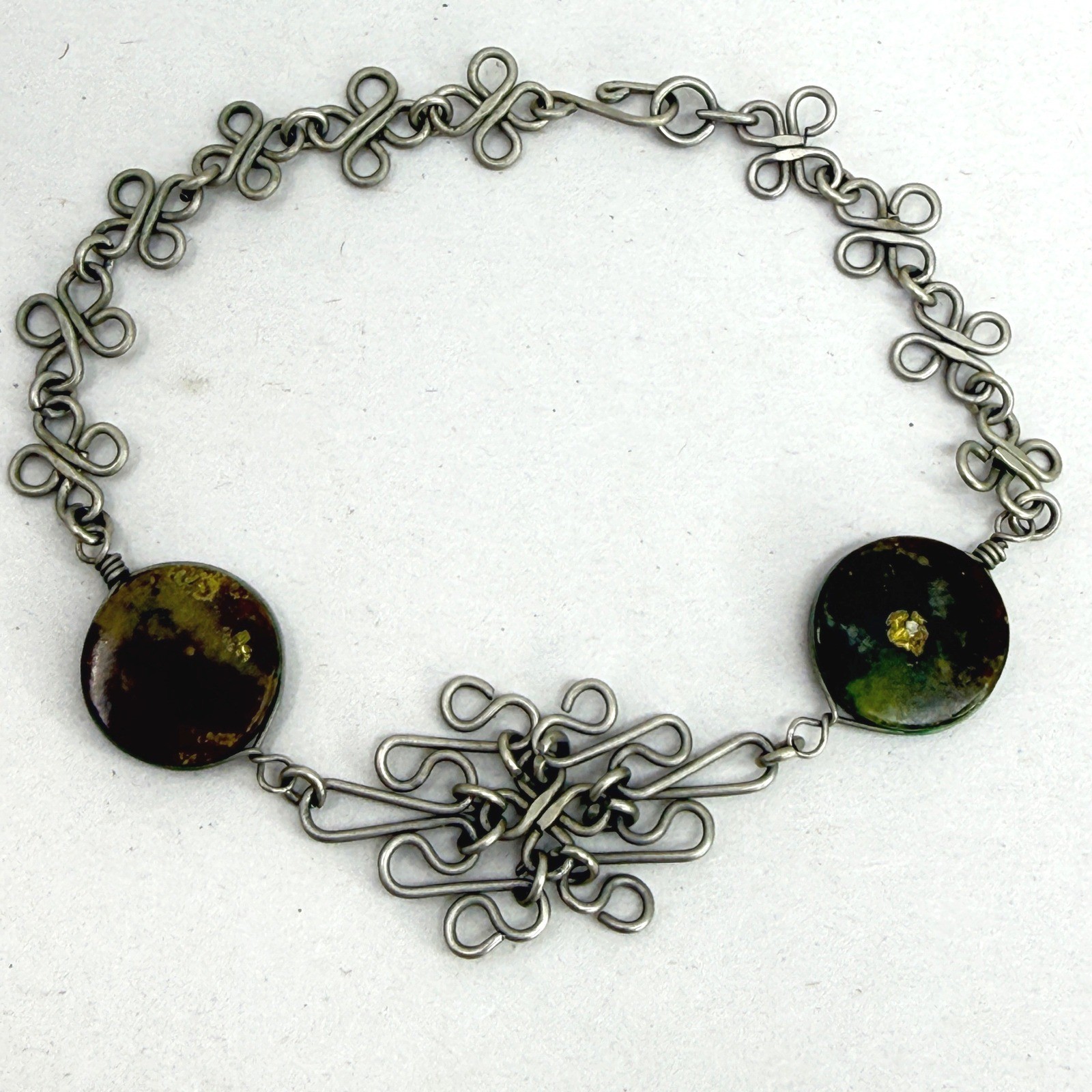 Artisan Handcrafted Wire Scroll Link Bracelet with Green Moss Agate Stones