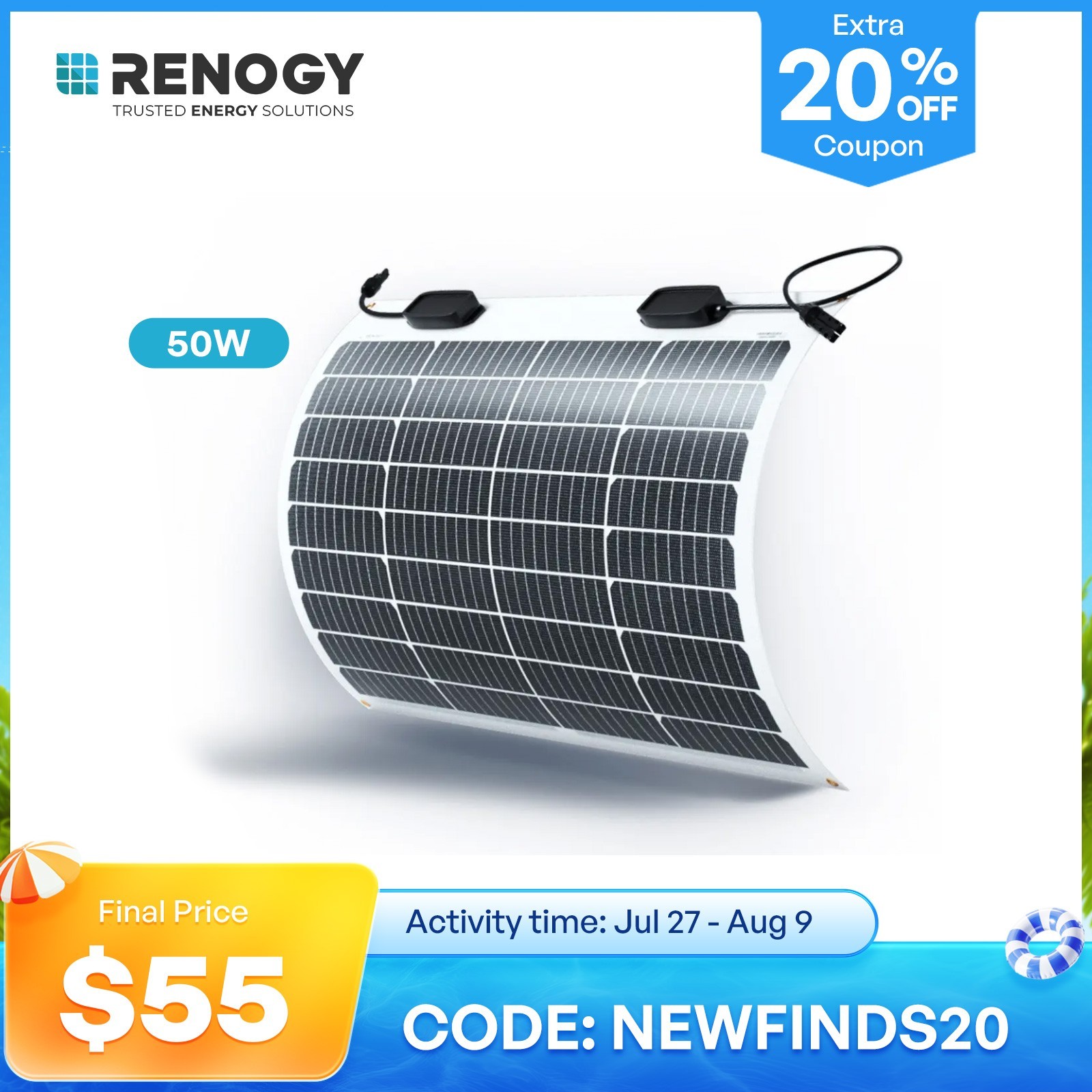 Renogy Flexible 50W 12V Monocrystalline Solar Panel Off-Grid Charger For Marine