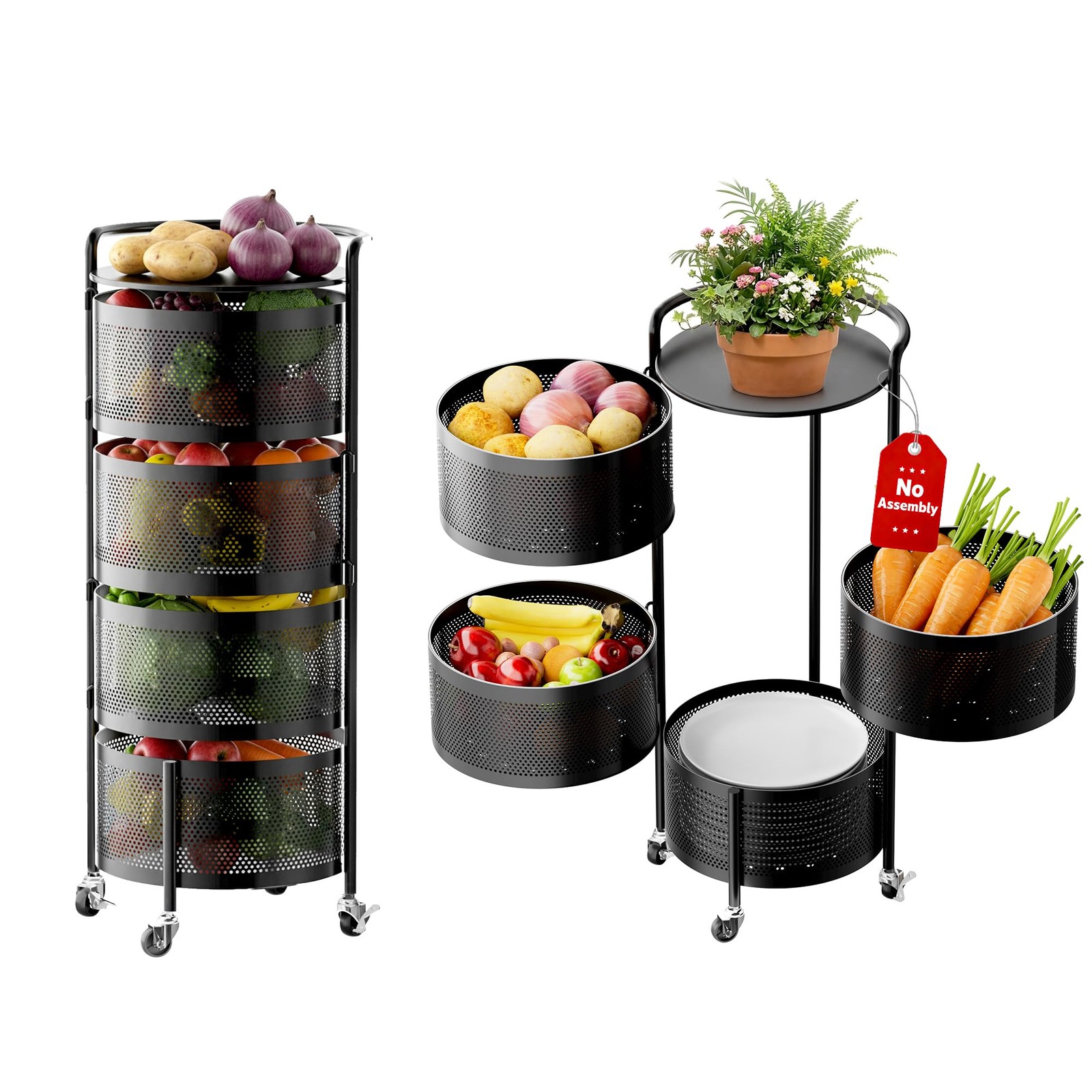 No Assembly Integrated Vegetable Storage Rack, 4-Tier Rotating Fruit Basket w...
