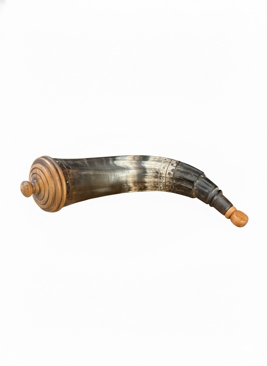 Engraved Powder Horn with A Rare Whaling Motif. The Horn Is Made of Cow Horn.