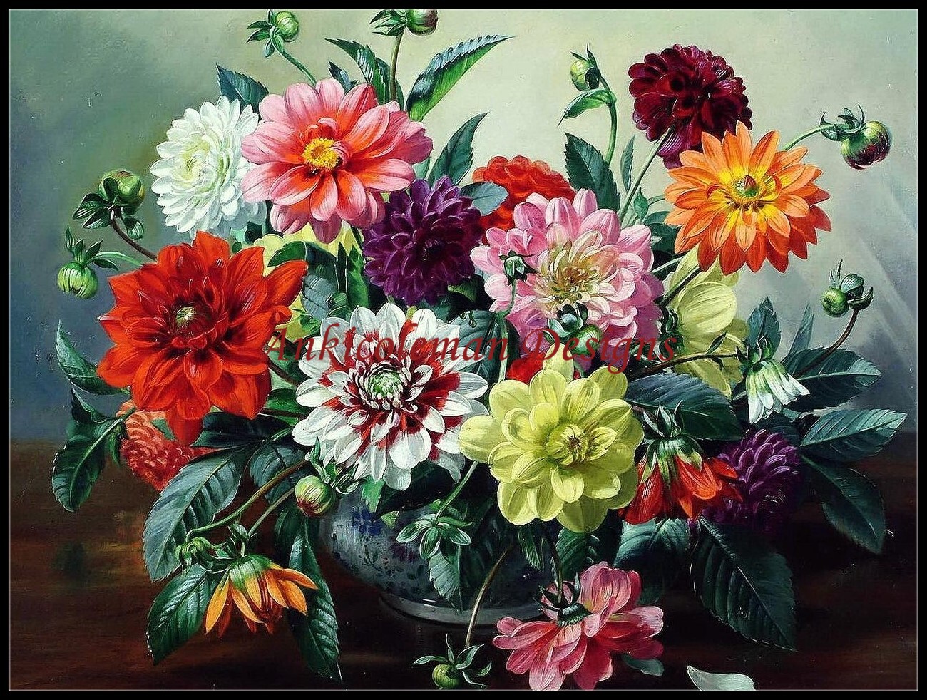 Dahlias - Counted Cross Stitch Patterns - Color & BW Symbols