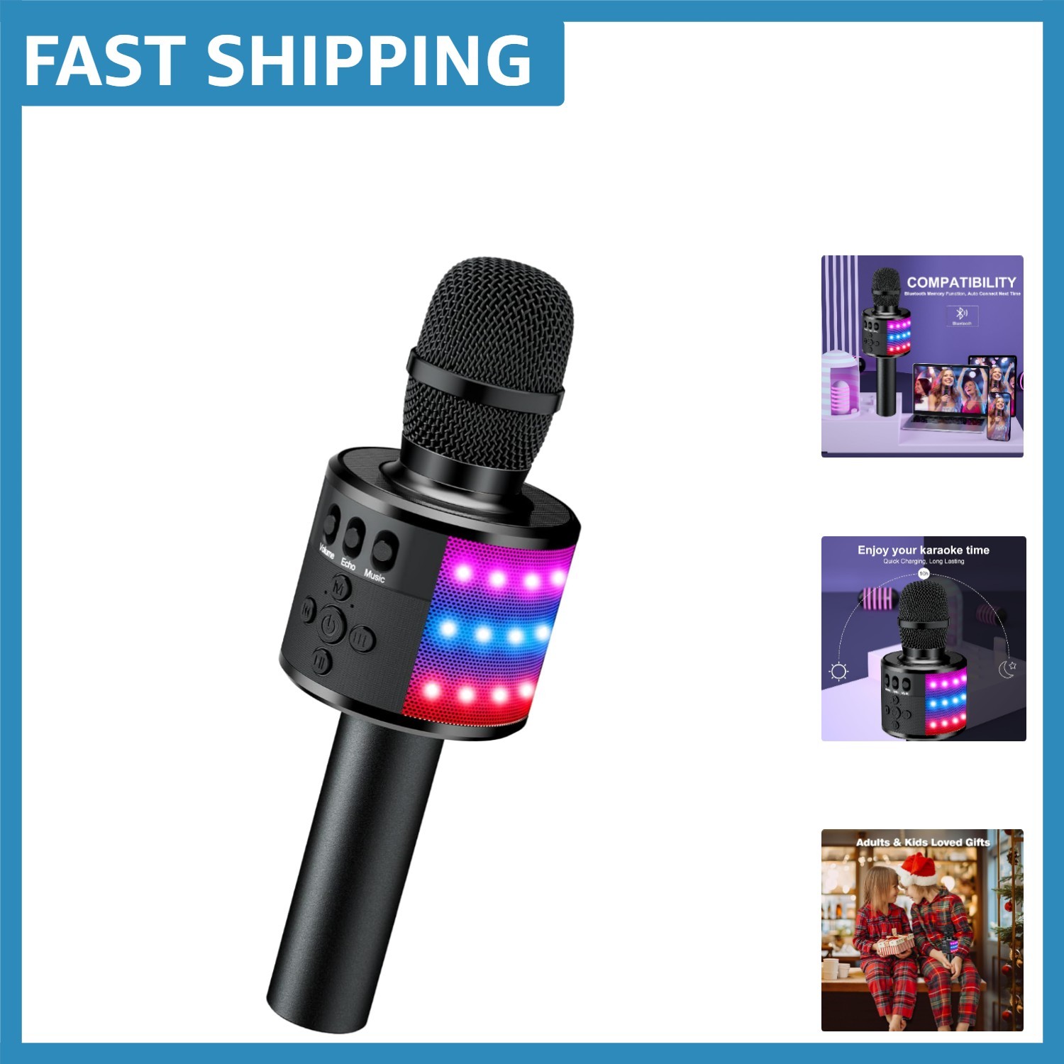 Portable Karaoke Microphone with Echo Effect & Colorful Lights - Travel Friendly