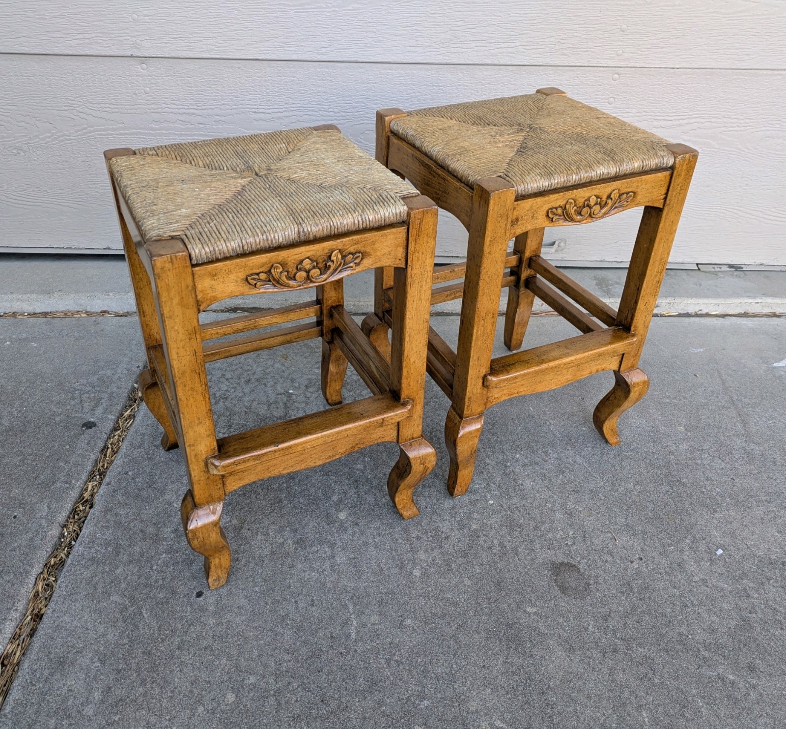 Vintage Pair Rustic French Country Farmhouse Woven Rush Carved Wood Bar Stools