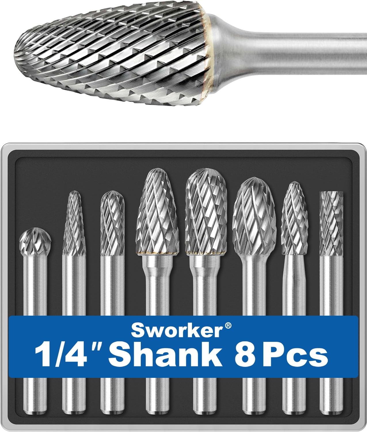Sworker 8Pcs Carbide Burr Set 1/4 Shank w/Clear Box Max Head Dia 10mm Die Gri...
