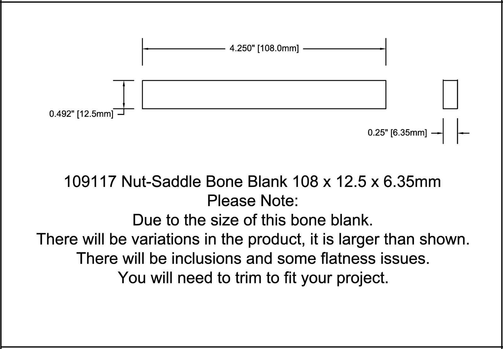 Guitar Bone Blank Saddle Nut Master Extra Large Thick Tall 4 1/4 L 109117