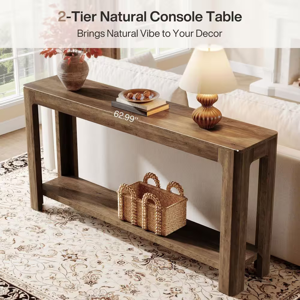 Turrella 63 In. Rustic Brown Rectangle Wood Console Table with 2-Tier for Storag