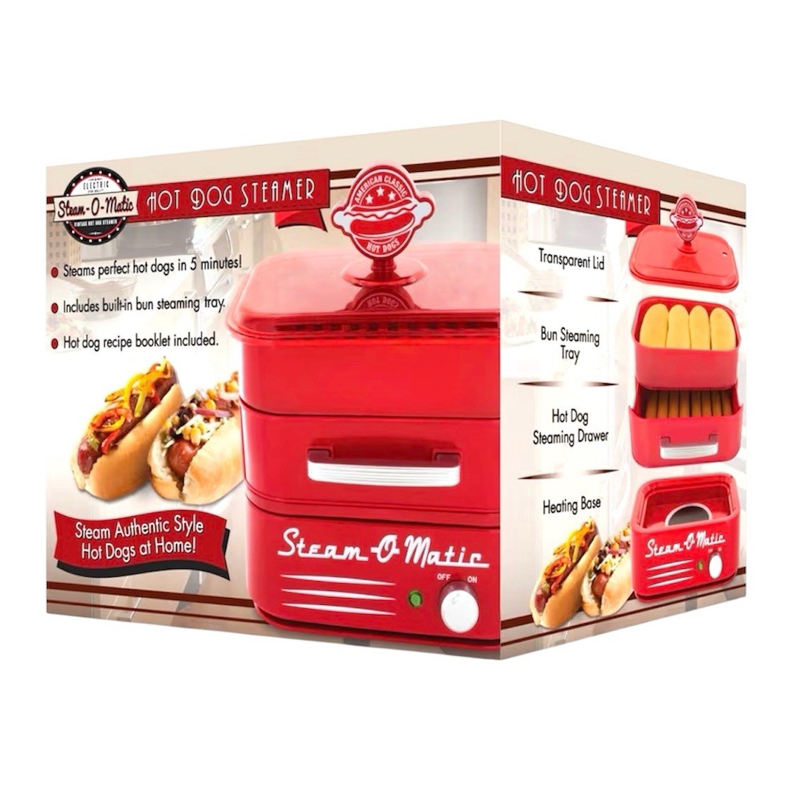 Steam-O-Matic Hotdog Steamer & Built-In Bun Steaming Tray Recipe Book New In Box