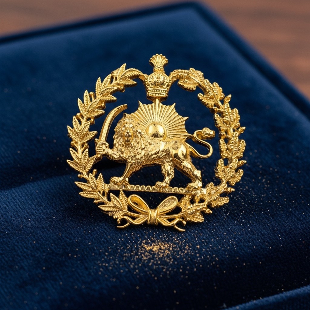 22k Gold Plaited Imperial Pahlavi Lion & Sun Lapel Pin Brooch 925 Silver Farsi