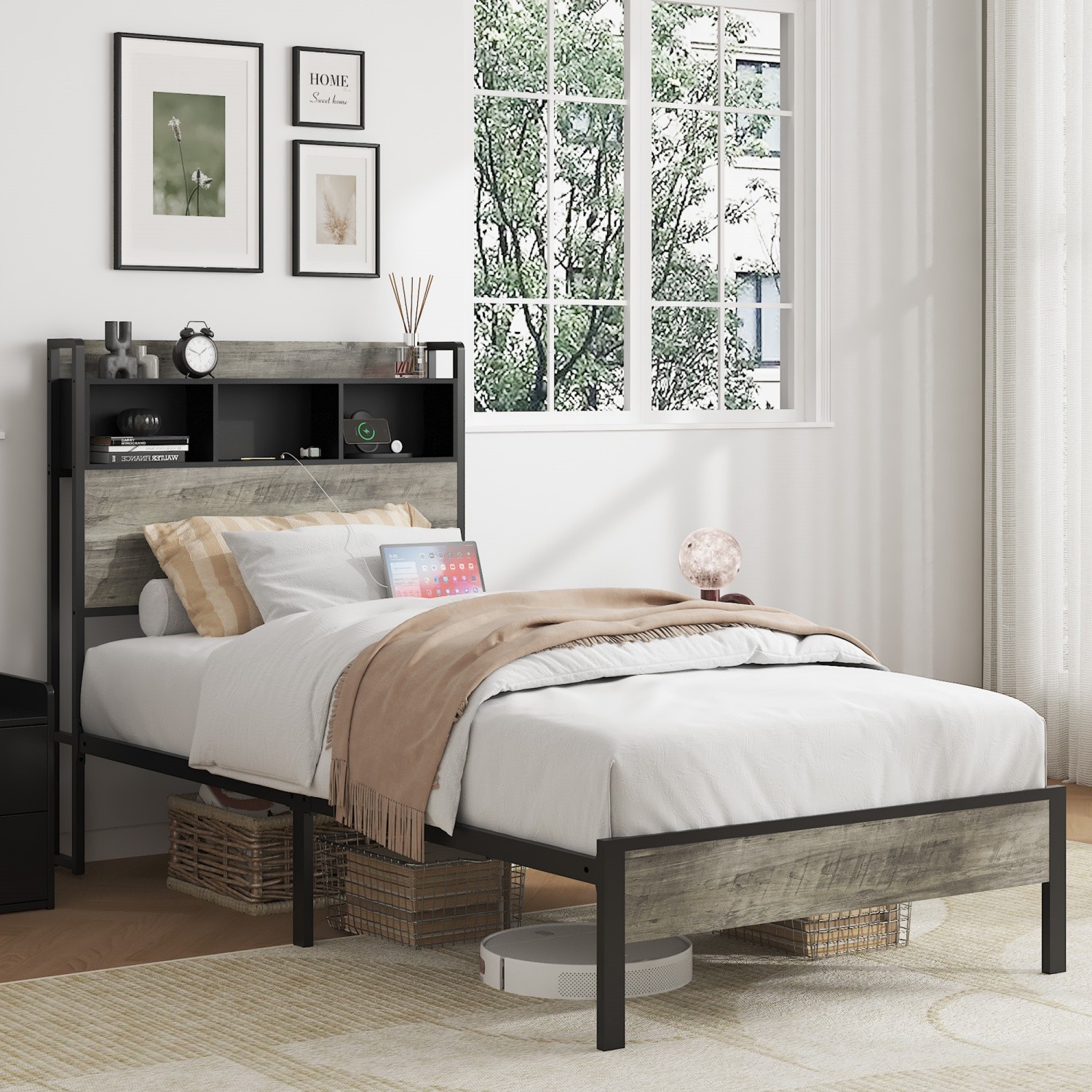 Twin/Full Size Bed Frame Metal Platform Bed w/ Storage Headboard & USB Port