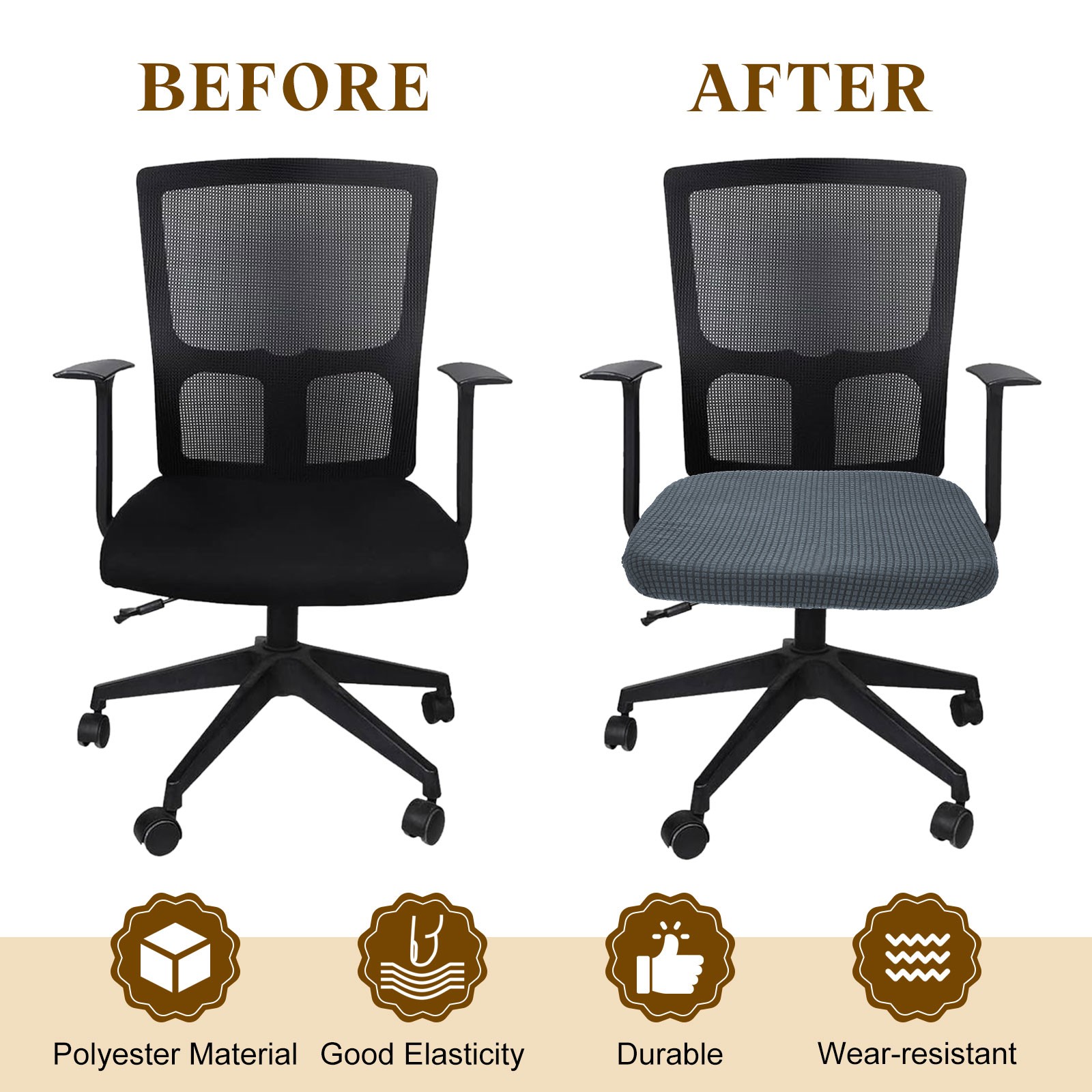 Office Chair Cover, Grid Computer Chair Seat Cover, L(45-48cm), Dark Gray