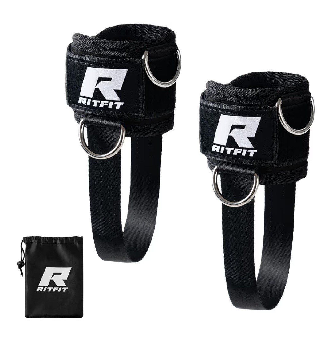 RitFit Triple D-Ring Adjustable Ankle Straps Black Nylon Set of 2 with Carry Bag