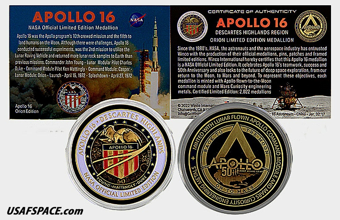 APOLLO-16 -Limited Edition- 50th Anniversary - LUNAR FLOWN METAL NASA MEDALLION