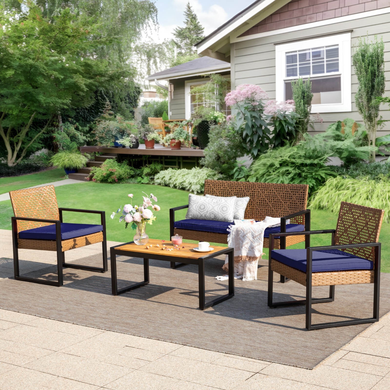 Rattan Furniture Patio Furniture Set Wicker Outdoor Conversation Set w/Cushion