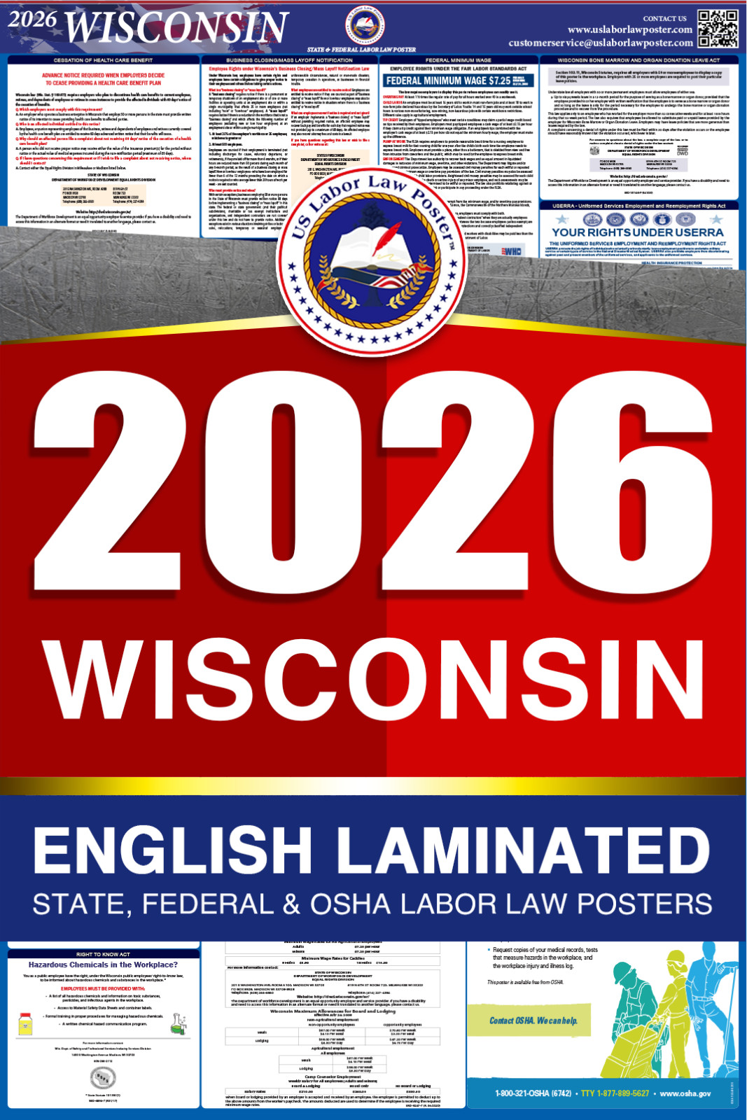2026 Wisconsin WI LABOR LAW POSTER (Federal & State) English Laminated