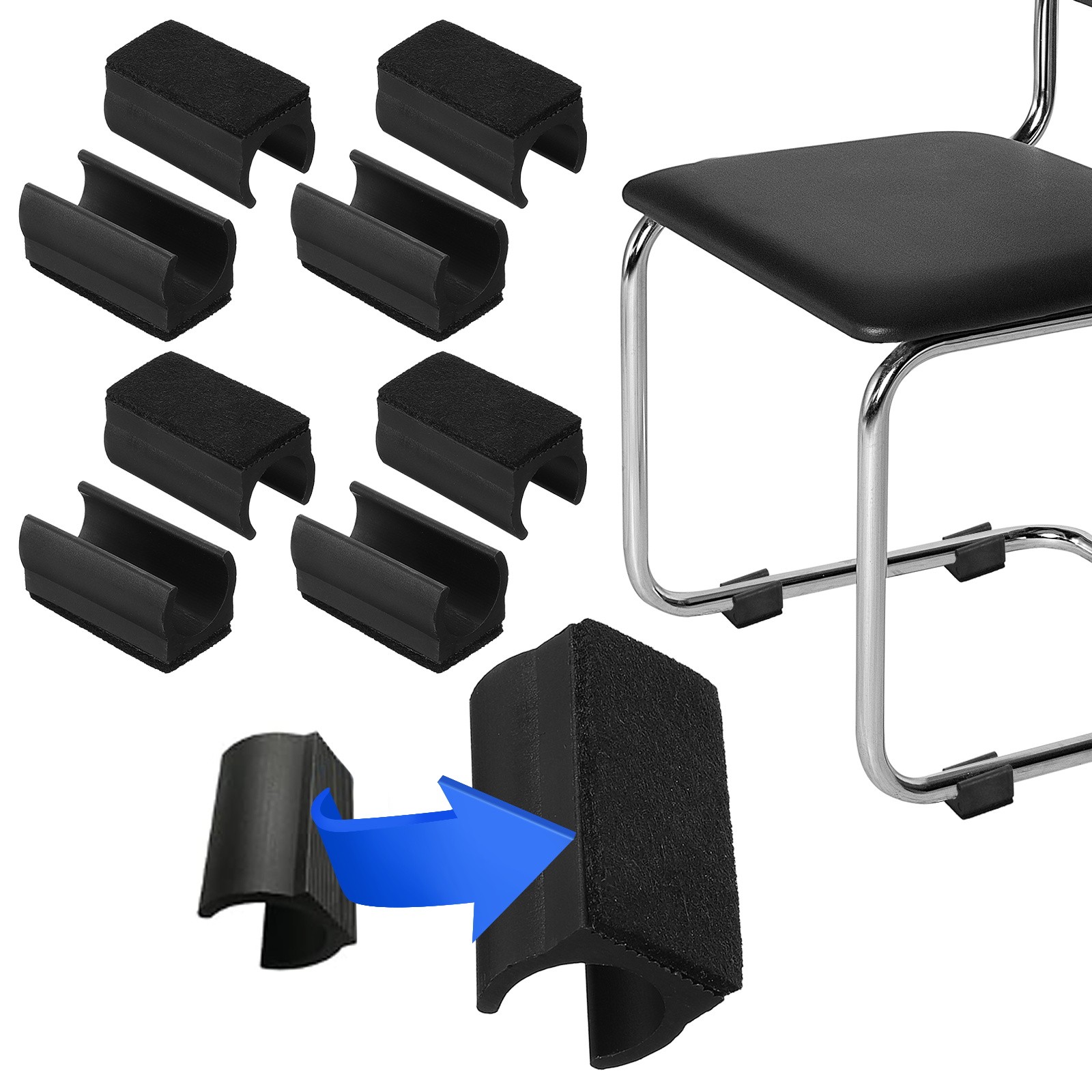 8 Pack Rectangle U Shaped Chair Leg Tip Cap with Felt Pad Fit Dia 19 mm, Black