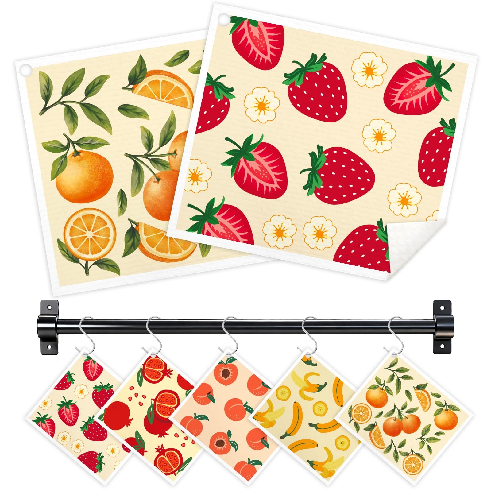 Swedish Dishcloths for Kitchen, 5 Pack Fruit Reusable Paper Towels with 3 Hoo...