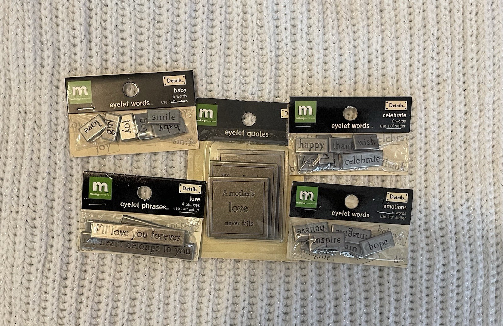 NEW Lot 5 Making Memories Details Metal Eyelet Words Phrases FAMILY CHILD BABY