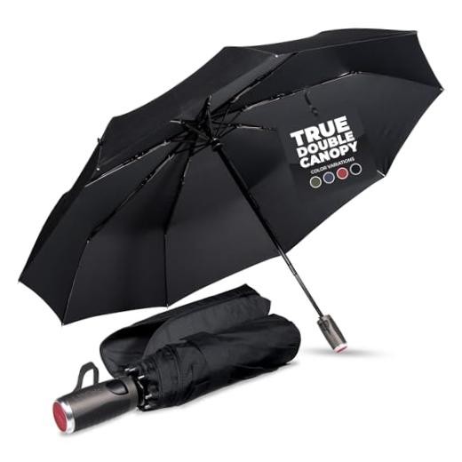 Premium Travel Umbrella - Windproof & Compact 45 Inch Black FX2 Double Canopy
