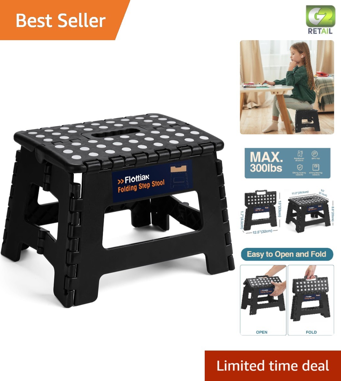 Lightweight 9" Folding Step Stool with Non-Slip Surface, Ideal for Kids & Adults