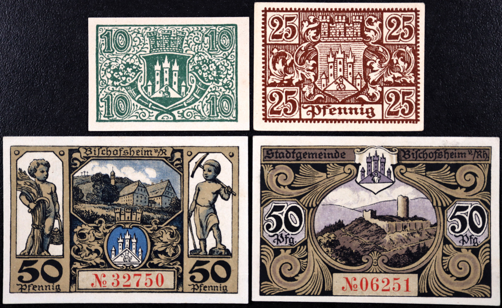 BISCHOFSHEIM 1921 "Cherubs: Mining & Agriculture" Complete Series German Notgeld
