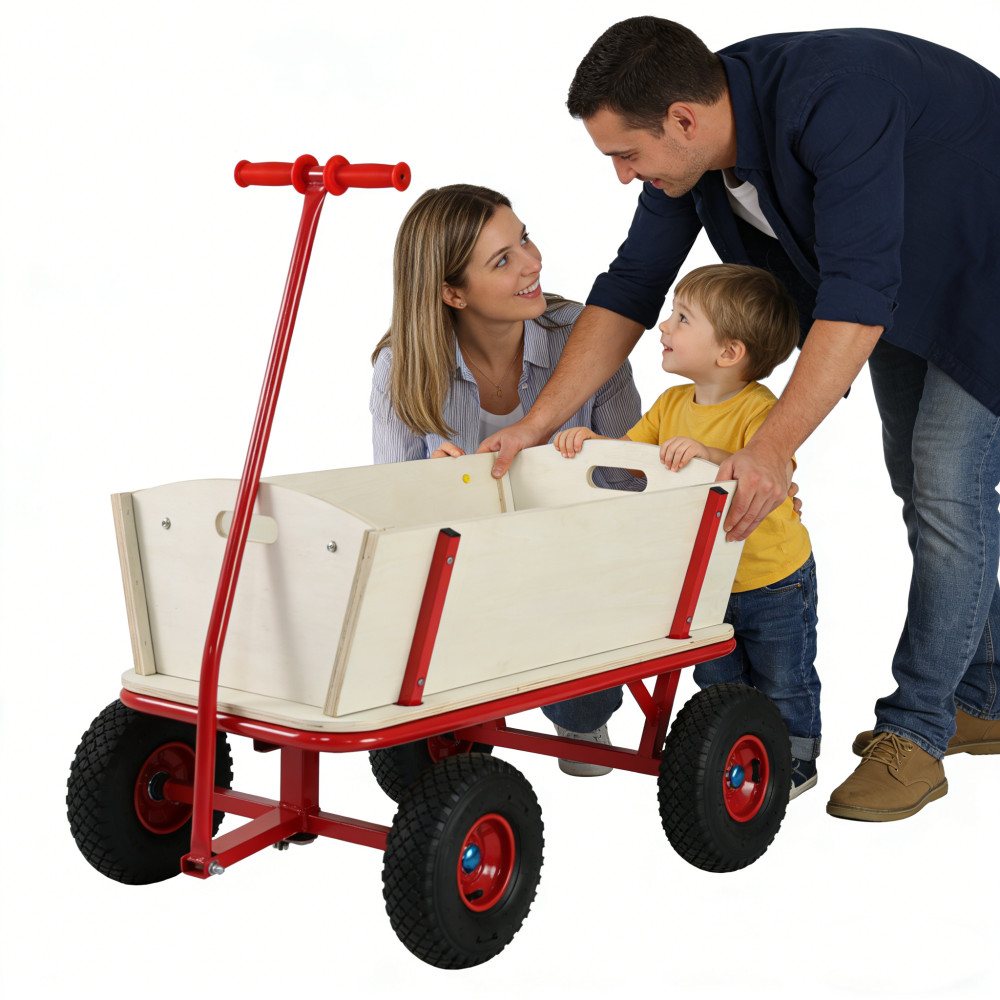 Kids Wooden Toy Wagon Red Outdoor Hauler - 260 lbs Load Capacity