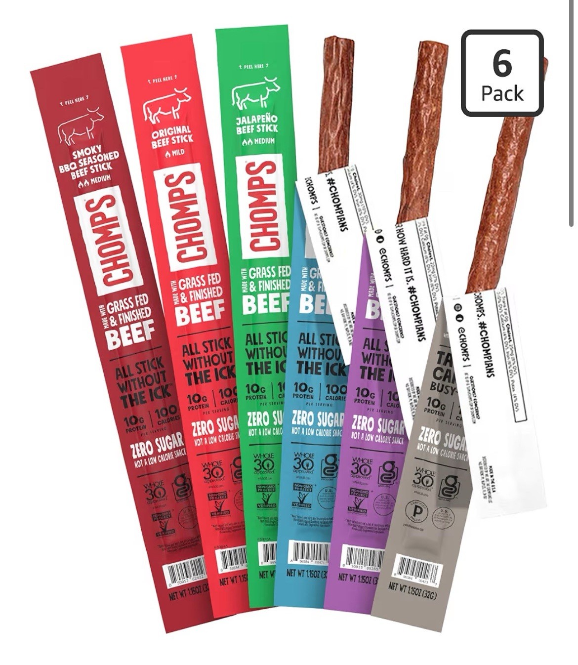(Variety 6-Pack) Chomps All Flavors Grass-Fed Beef Jerky Sticks - Keto Low Carb
