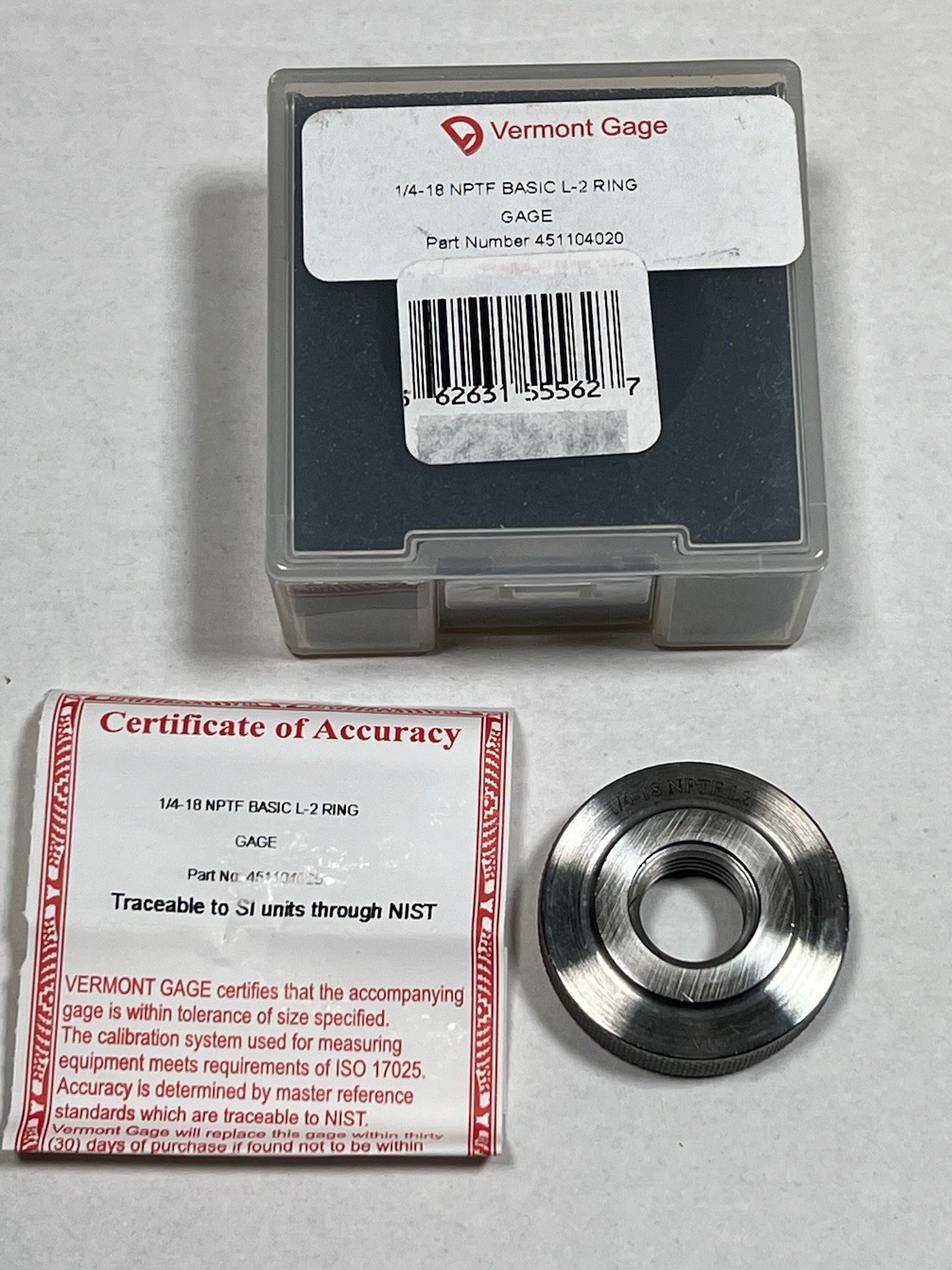 Vermont Gage 1/4-18 NPTF Basic L2 Ring Gage - Part No. 451104020