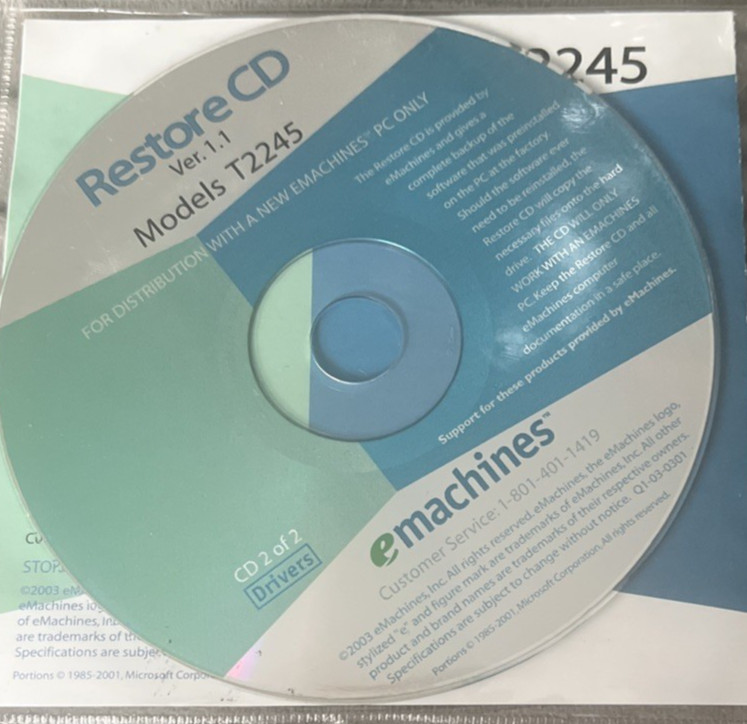 eMachines Restore CD T2245 Version 1.1 Models T2245- 2 Disc Set for Desktop PC