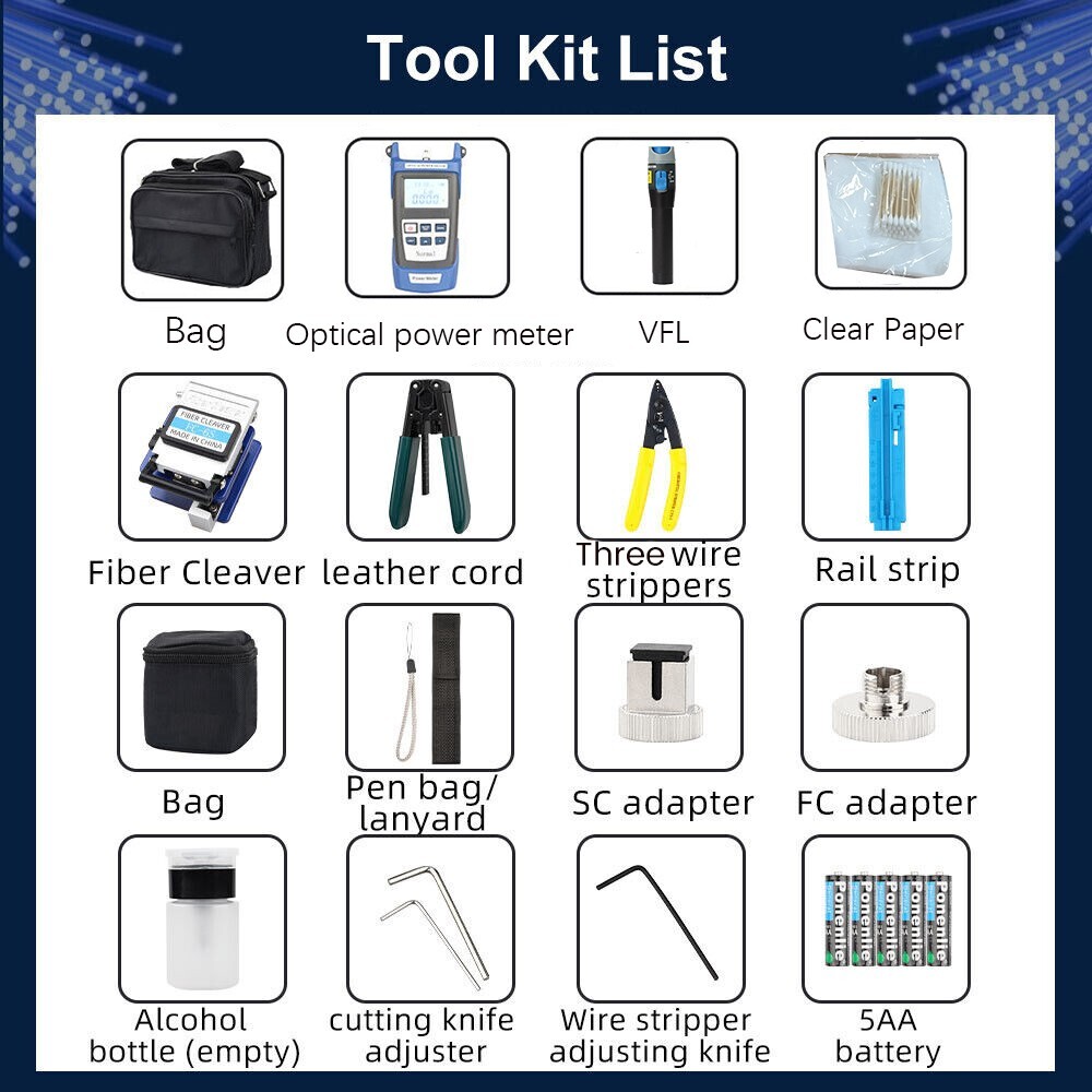 Fiber Optic FTTH Tool Kit with FC-6S Cleaver Optical Power Meter Visual US