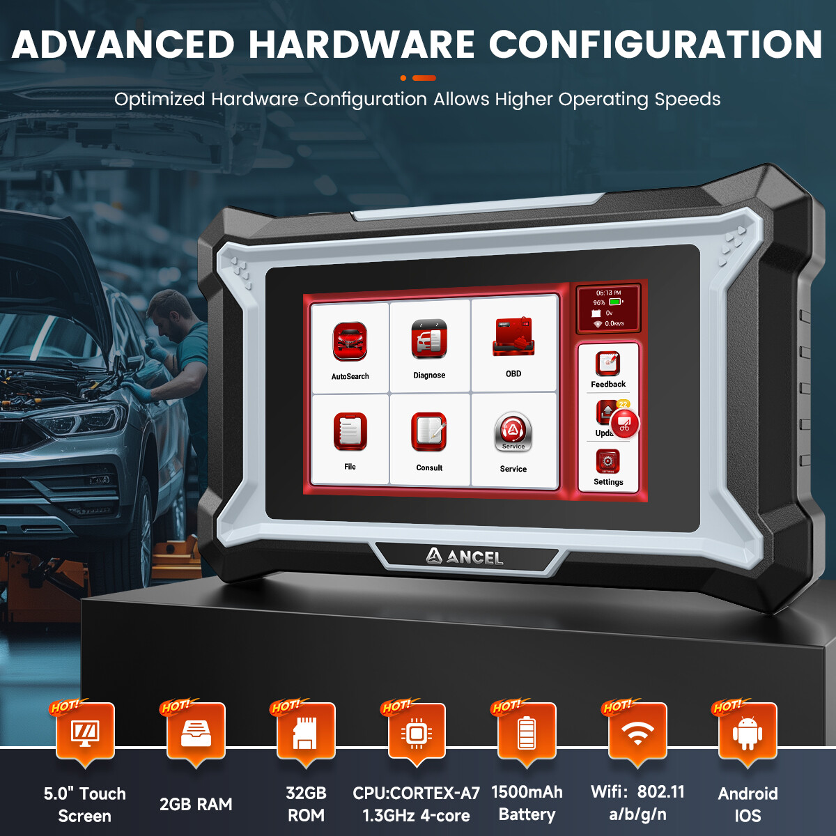 ANCEL DS100 Auto OBD2 Car Diagnostic Scan Tool 7 Resets Throttle Relearn Tablet
