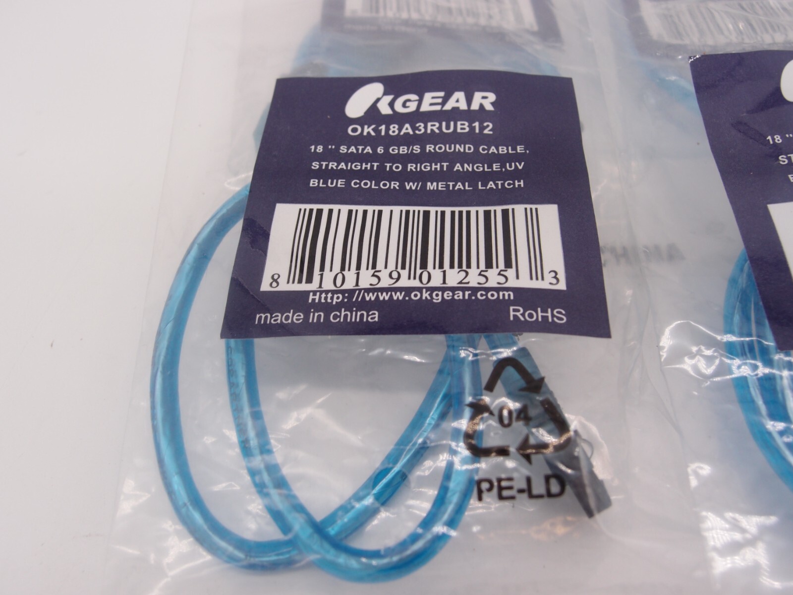 OKGear UV Blue 24" SATA 6 GB/S Round Cable Straight To Right (1 each)