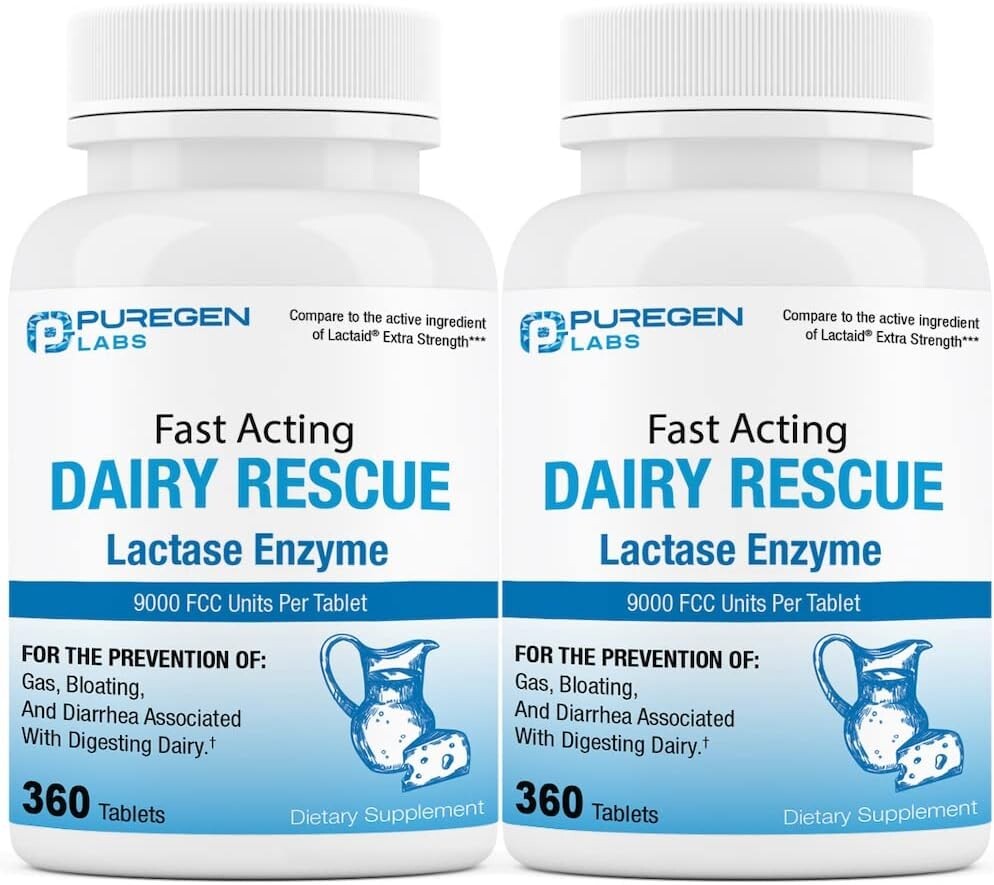 Puregen Dairy Rescue Fast Acting Lactase Enzyme 9000 FCC 360 Tabs 2Pk Exp 05/26