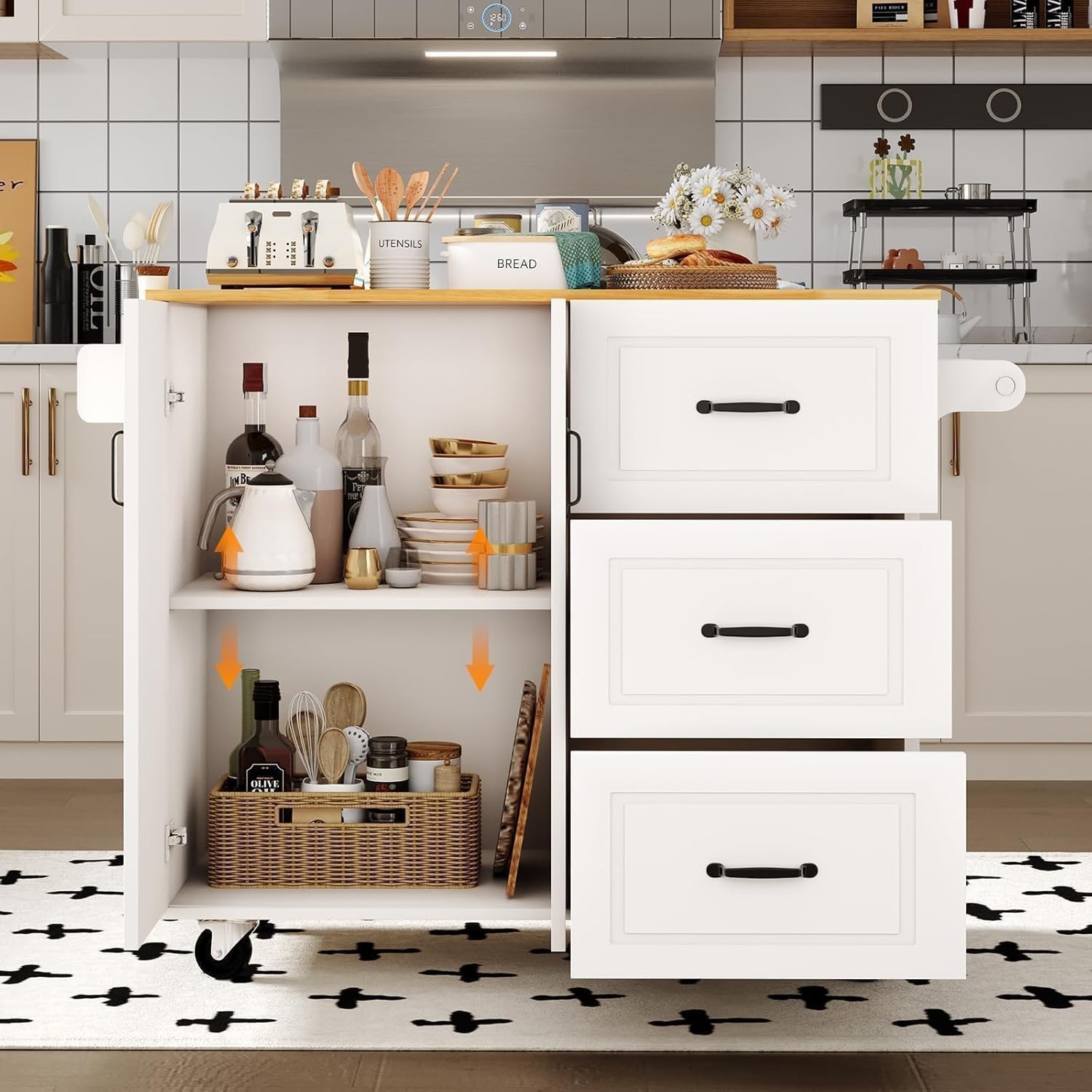 Kitchen Island with Storage on Wheels, Rolling Kitchen Island with Spice Rack...