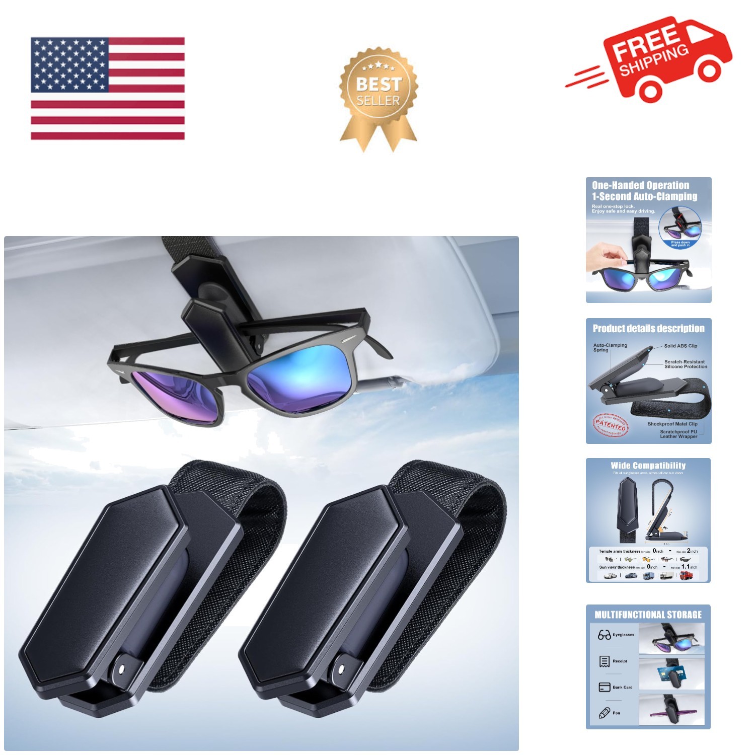 Sunglass Holder for Car One-Handed-Operation, Gentle & Secure Hold, Silicone ...