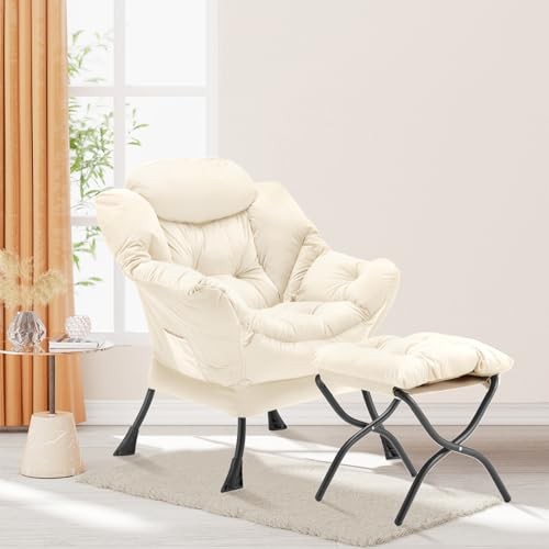 Lazy Chair with Folding Ottoman, Accent Chair Velvet Upholstered with Beige-f