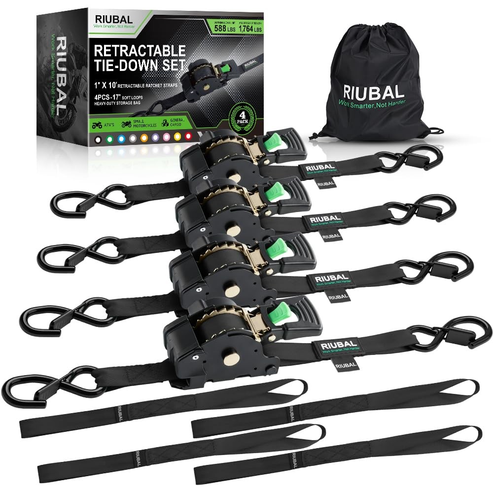 Riubal Retractable Ratchet Straps (4-Pack) - 1 Inch x 10 Feet 10 Feet, Black