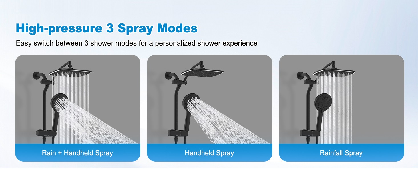 10" Black Rain Shower Head with Handheld, High Pressure Boosting Rainfall