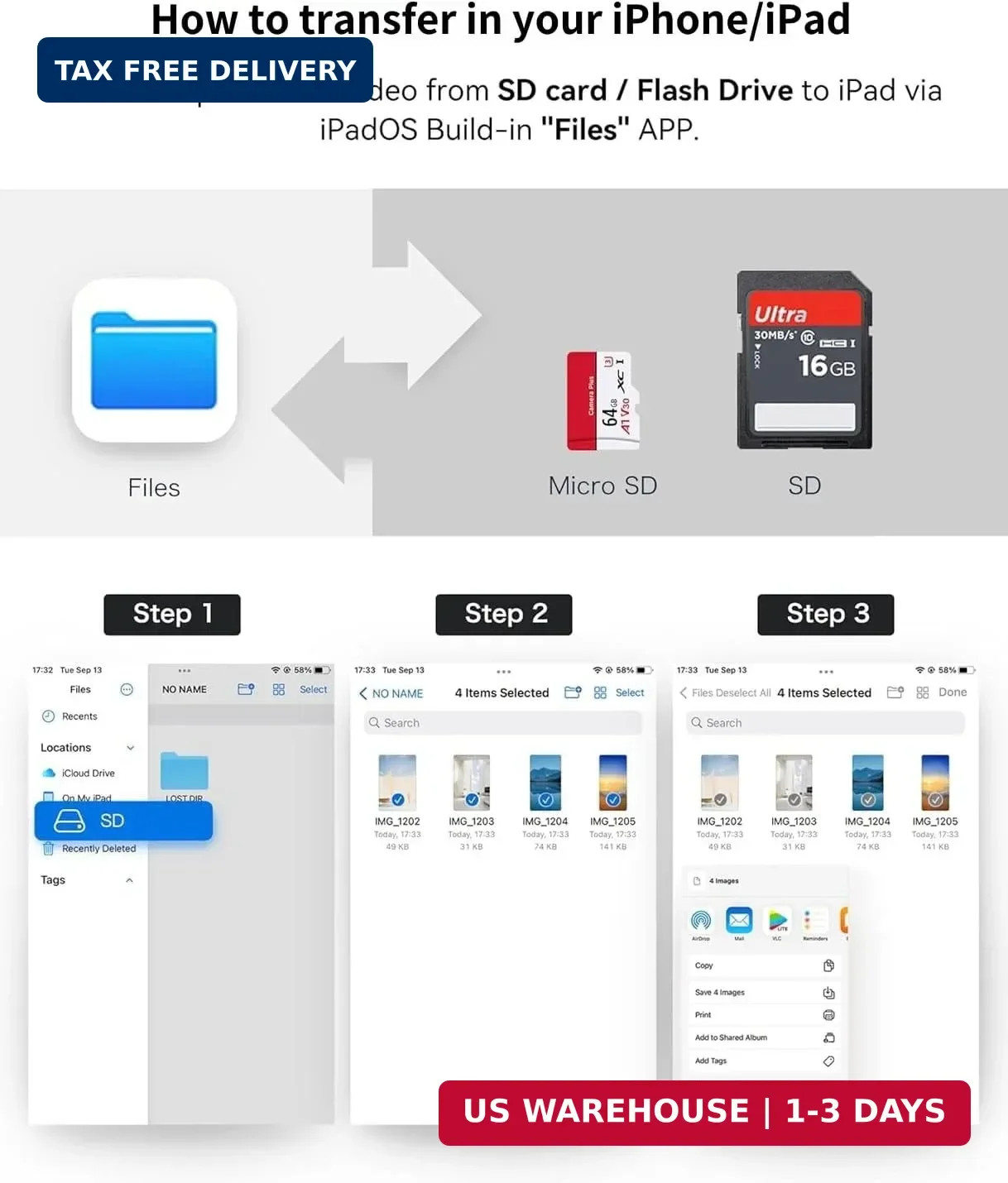 USB C SD Card Reader for iPhone 17/16/15 Series, USB-C to SD/Micro SD Memory Car